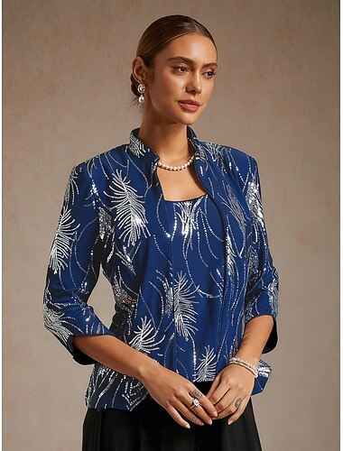  Dámská halenka s dvojitým lemováním, elegantní topy, večerní topy s peřím, flitry, elegantní, 3/4 rukáv, mandarínkový límec, běžné topy, společenské večerní šaty, večerní párty, flitry, královská