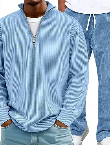  Homme Ensembles assortis Bleu Sweatshirt Pull Jogging à Jambes Larges Pantalons Pantalon en velours côtelé Ensembles manche longue Demi-zip Extérieur Vacances Bloc de Couleur Avec Poches 2 pièces