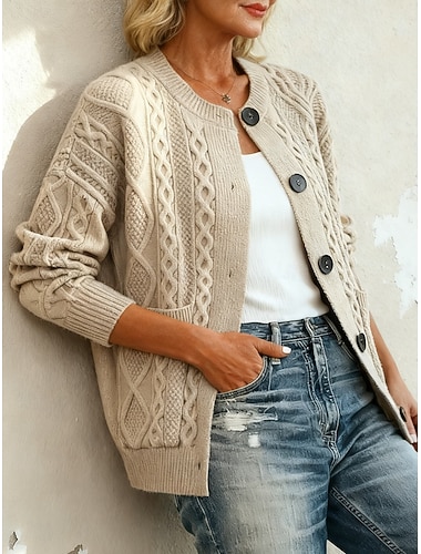  レディース セーター カーディガン ジャケット デイリー ケーブル クルーネック ニット 長袖 レギュラー トップス ニット デイリー ブルー レッド 秋