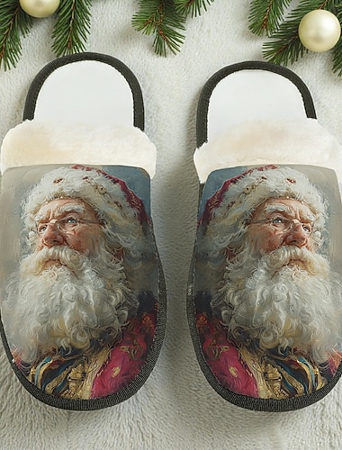  メンズヴィンテージサンタクローススリッパ - クラシックなクリスマスプリントが施された暖かいプラッシュ裏地付き室内履き。自宅やホリデーギフトに最適な快適な冬用履物。