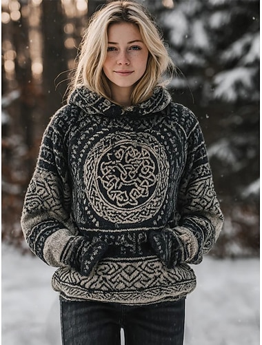  dame vikinggenser ferie vintage kul geometrisk rund hals hette trykk langermet vanlig topper strikket utendørs daglig mørkegrå høst vinter