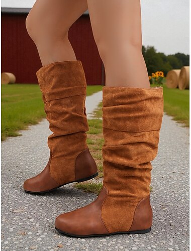  bruna damstövlar - platta vintagestövlar till halva vaden, retro höstskor i westernstil för vardagsbruk och lantliga kläder