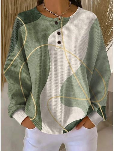  Dame Genser med genser Geometrisk Mote Gatemote Langermet Crew-hals Vanlige topper Avslappet Hverdag Lys Rosa Gul Oransje Grønn Kakifarget Vår Høst Vinter
