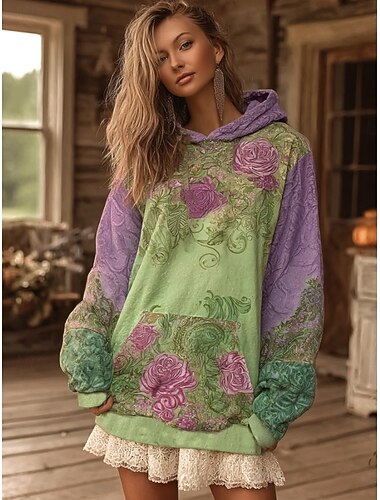  Női Pulóver Hoodie pulóver Virágos Állat Szüret Alkalmi Hosszú ujj Kapucni Normál felsők Hétköznapi Sárga Lóhere Tavasz Ősz Tél