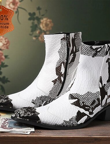  Heren zwart-witte laarzen van echt leer met een uniek design - trendy schoenen voor modebewuste mannen en informele bijeenkomsten