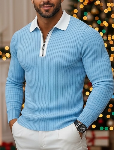  Herren Rippenstrick-Top Golf Poloshirts Straße Lässig Revers Langarm Basic Modern Einfach Reißverschluss Knöpfe Frühling Herbst Ganzjahres Normale Passform Weiß Marineblau Blau Grau Rippenstrick-Top
