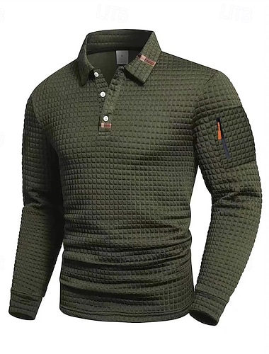  Herren Waffel-Poloshirts Poloshirts Straße Lässig Revers Langarm Basic Modern Einfach Knöpfe Frühling Herbst Ganzjahres Normale Passform Grau Schwarz Weiß Marineblau Militßrgrün Waffel-Poloshirts