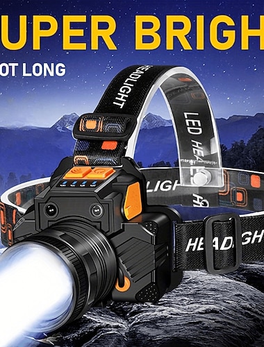  Lanterna de cabeça LED super brilhante, recarregável via USB, resistente à água (IP65), eficiente e prática. Ideal para reparos domésticos e atividades ao ar livre como caminhadas, camping e pesca.