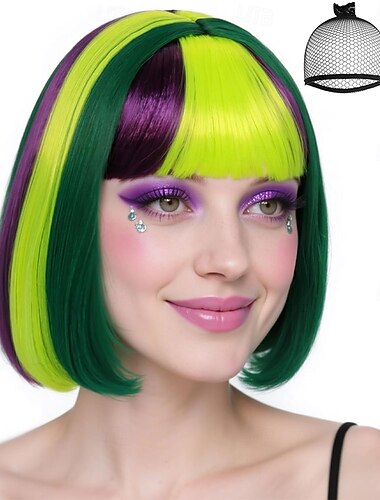  Peruca de Carnaval Roxo Verde Amarelo Liso Bob Curto Peruca sintética para festivais Mardi Gras Parada Cabelo para fantasia de cosplay para Feminino
