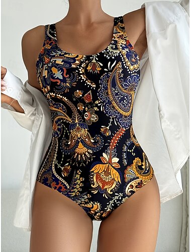  Dames Eendelig Badpak Slank Boho Monokini Hoge Snit Buikcontrole Hoge Taille Slank Rugloos Elegant Vakantie Paisley U-hals Mouwloos Badkostuums