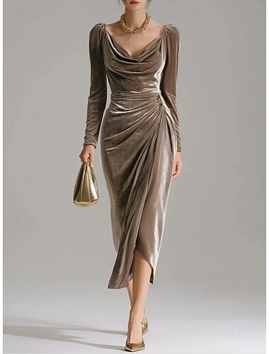  Női Bor Barna Lóhere Ősz Tél Midi ruha Hüvelyruha Születésnap Előírásos Félig hivatalos ruhák Előírásos Esküvő Randi Normál V-alakú