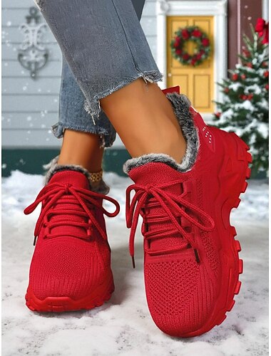  Teniși roșii pentru femei cu căptușeală din fleece - pantofi casual tricotați călduroși cu talpă antiderapantă, încălțăminte confortabilă de Crăciun pentru plimbări și călătorii de iarnă