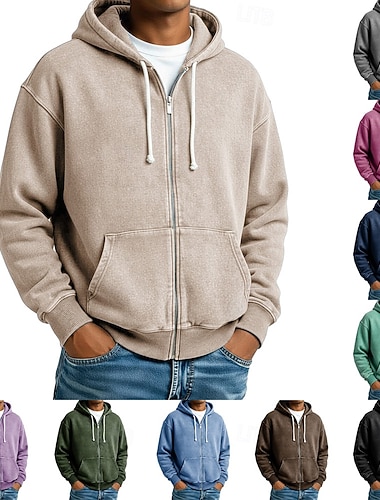  رجالي هوديي هودي بسحاب كامل أزرق مشمش أسود وردي بلاشيهغ أخضر داكن مع قبعة سهل إحزم الرياضة & في الخارج فضفاض مناسب للبس اليومي أناقة الشارع كوول ملابس رياضية كل الفصول ملابس هوديس بلوزات كم طويل