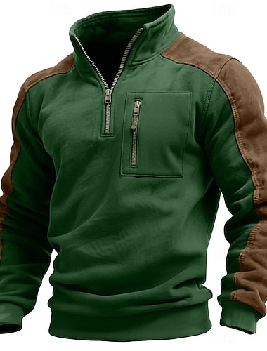  Herren Kapuzenjacken & Sweatshirts Langarm Stehkragen Halber Reißverschluss Herbst Winter Frühling & Herbst Farbblock Vintage Täglich Lässig Tasche Farbblock Outdoor Lässig Athleisure Schwarz Wein