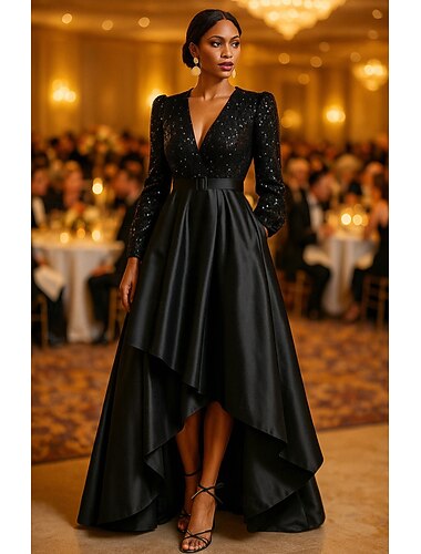  Linea ad A Asimmetrico Abito da Sera Da principessa Elegante Brillanti Setoso Manica Lunga Scollo a V Matrimonio Formale Raso Con Paillettes con Glitter