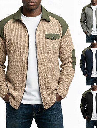  Per uomo Giacca Leggera Giacca a nido d'ape Giacca Casual Vacanza Casuale Traspirante Tasca Primavera Autunno & Inverno Blocco di colori Semplice Moda Classico Colletto a Camicia Regolare Nero Blu