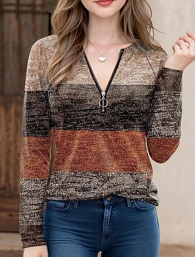  Жен. Блуза Омбре Элегантный стиль Винтаж Стиль Длинный рукав V-образный вырез Обычные топы Праздники На выход Молния Винный Хаки Лето Весна Осень Зима