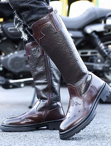  Botas de motociclista masculinas em couro sintético marrom – duráveis e estilosas, com detalhes de fivela, perfeitas para o Natal e aventuras de inverno.