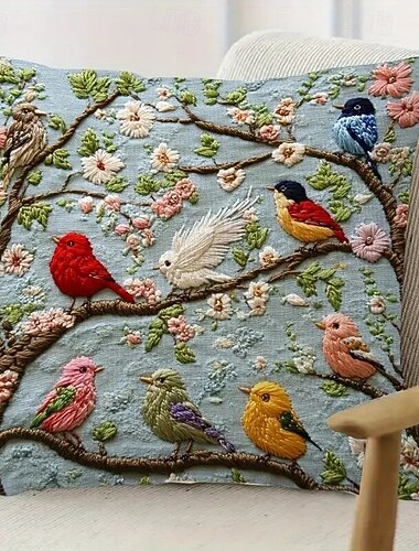  Federa per cuscino ispirata a un uccello primaverile con stampa piatta 2D, stile moderno, ricamo su un lato, chiusura con cerniera, federa decorativa in tessuto di poliestere per la casa
