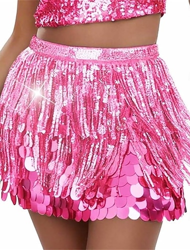  Roupa de Dança Samba Mini Saia com Franja de Lantejoulas Rosa Deslumbrante para Mulheres - Vestuário Sparkly para Festas e Raves Fantasia de Performance