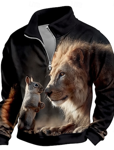  男性用 ライオン スウェットシャツ 3D ハンティング スタンド アウトドア ワーク 贈り物 ブラック グレー ジッパー 秋 冬 デザイナー S M L XL XXL XXXL