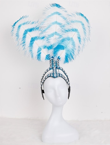  Karneval 2026 Rio Karneval Samba Tilbehør Karneval Fjær Showgirl Hodepryd - Blå  Hvit Stripete Strutsfjær Hodepryd Mardi Gras Danse Kostyme Tilbehør Brasil Festival Prestasjonskostyme