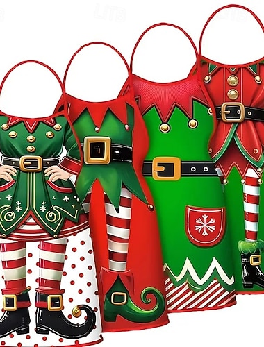  4-delers juleforklesett 20,5 × 28,35 tommer, forklær med nissemotiv for kvinner og menn, kjøkkenforklær til høytidsfest, jul, Thanksgiving, bryllupsgave