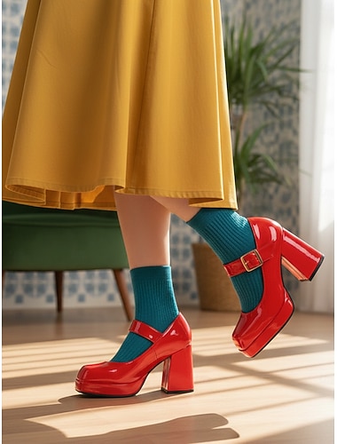  scarpe con plateau in similpelle verniciata rossa da donna – tacchi alti e spessi con cinturino con fibbia, stile retrò audace anni '80 per feste, eventi formali e Natale