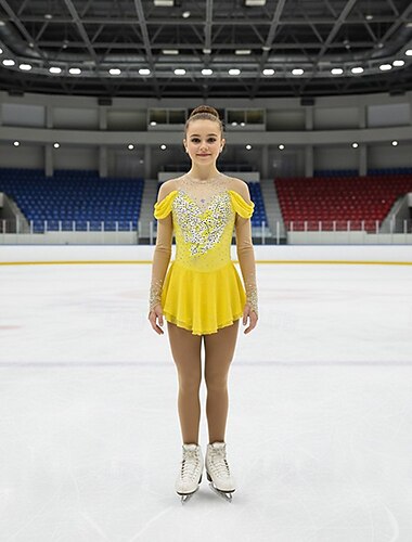  Rochie de Patinaj Artistic Pentru femei Fete Πατινάζ στο πάγο Rochii Galben Peteci Mâneci cu Gaura Plasă Spandex Strech Antrenament Profesional Competiție Ținută Patinaj Termic cald Cristale