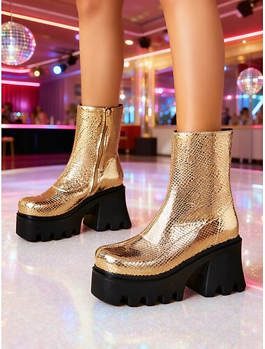  stivali da donna con plateau in metallo argentato, tacchi spessi e cerniera - stile disco anni '80, calzature da festa alla moda per serate fuori e balli