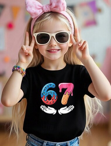  Bomull Barn Jente Svart Hvit Grafisk Morsom slang 67 T skjorte T-skjorte Crew-hals Kortermet Feriereise Sport & Utendørs Hverdag Aktiv Designer Fritid Printer Sommer