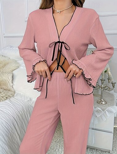  בגדי ריקוד נשים הלבשת כסאות סט פיג'מה אופנתי יום יומי צבע אחיד קפלים אלסטית מותניים מכנס חופשה בית שרוול ארוך צווארון V ורוד מסמיק סתיו חורף גזרה מחוייטת