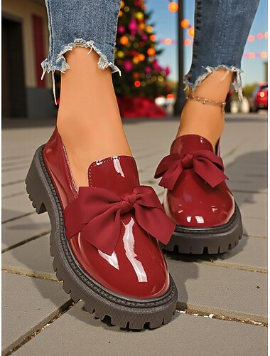  Dame slip-on loafers i bordeauxrødt laklæder med sløjfe – kraftige plateausko til afslappede udflugter, hverdagsbrug og juleferier