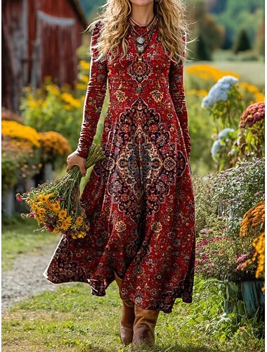  Γυναικεία Μίντι φόρεμα Φόρεμα σε γραμμή Α Φόρεμα Fit And Flare Διακοπές Καθημερινό Καθημερινά Κανονικό Γραφική Γεωμετρικό Μακρυμάνικο Στρογγυλή Ψηλή Λαιμόκοψη Ανοικτό Κίτρινο Κρασί Ρουμπίνι