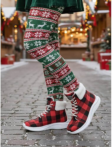  Women's Red Plaid Christmas Lace-up Booties with Faux Fur – Cozy Winter High-Top Sneakers for Holiday Shopping, Christmas Parties and Cold Weather Walks