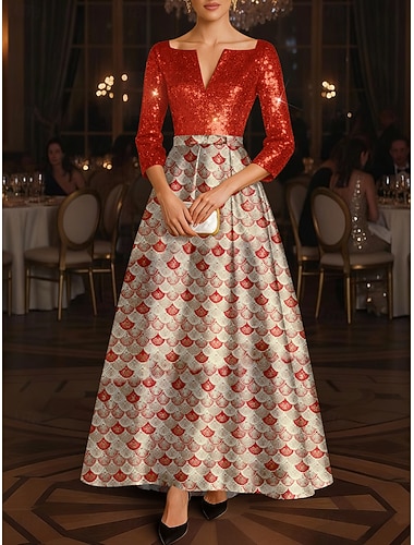  Kultaiset paljetti Jacquard aaltoileva kuvio A-linjainen iltamekko elegantti virallinen mekko virallisiin häihin lattianpituinen 3/4-mittaiset hihat neliökaulus paljettilakattu kanssa bow(itä)