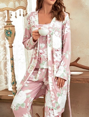  Γυναικεία Πυτζάμες Σαλόνια Σετ Πυτζάμες Καθημερινό Φλοράλ Ελαστική μέση Παντελόνι Σπίτι Καθημερινά Κρεβάτι Μακρυμάνικο Λαιμόκοψη V Θαλασσί Ανθισμένο Ροζ Καλοκαίρι Άνοιξη Κανονικό