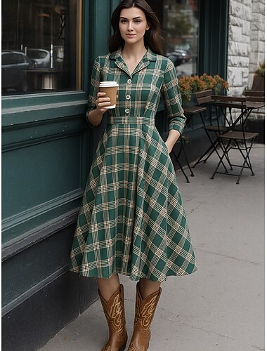  Γυναικεία Μίντι φόρεμα Φόρεμα Fit And Flare Καθημερινό Καθημερινά Κανονικό Καρό 3/4 Μήκος Μανικιού Πέτο Πράσινο του τριφυλλιού Φθινόπωρο Χειμώνας