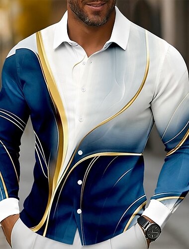  Herren Geometrisch Farbverlauf Wellen Hemd Knopfhemd Langarm Modisch lässig Outdoor Alltagskleidung Frühling Herbst Umlegekragen 3D-Druck Hemden mit Kragen Blau