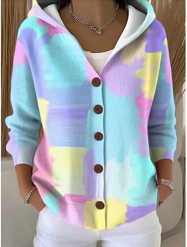  בגדי ריקוד נשים קרדיגן יום יומי גיאומטרי עם קפוצ'ון דפוס שרוול ארוך חולצות רגילות לִסְרוֹג יומי חגים פול ורוד מסמיק אביב סתיו