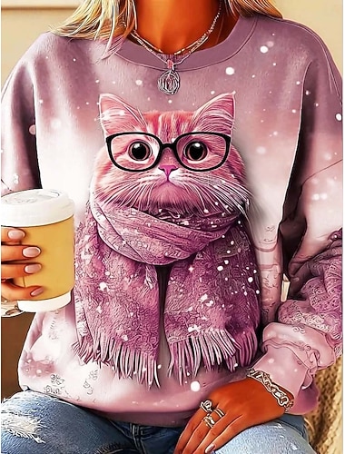  Γυναικεία Φούτερ Γραφική Ζώο Γάτα Καθημερινό Μακρυμάνικο Στρογγυλή Ψηλή Λαιμόκοψη Κανονικά μπλουζάκια Δρόμος Καθημερινή Ένδυση Causal Στάμπα Ανθισμένο Ροζ Βυσσινί Χακί Γκρίζο Άνοιξη Φθινόπωρο Χειμώνας