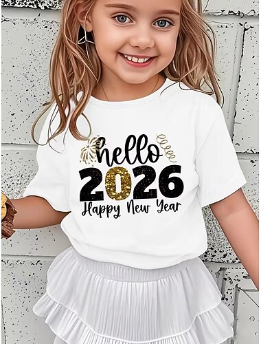  flickor nyårsfest 2026 3D-grafik bokstäver t-shirt kortärmad 3D-tryck sommar vår sport mode streetwear barn 4-12 år rund hals utomhus casual daglig normal passform