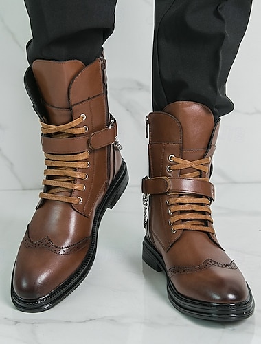  ストラップ付きのメンズブラウンレースアップブーツ - スタイリッシュで耐久性のあるフェイクレザー。秋冬に最適。カジュアルやセミフォーマルな服装、アウトドア活動、ストリートスタイルに最適です。