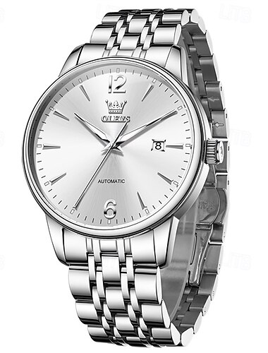  Reloj automático Olevs para hombre, de lujo, de acero inoxidable, mecánico, de cuerda automática, para negocios, elegante, resistente al agua, luminoso, con fecha, esfera plateada, relojes analógicos clásicos para hombre.
