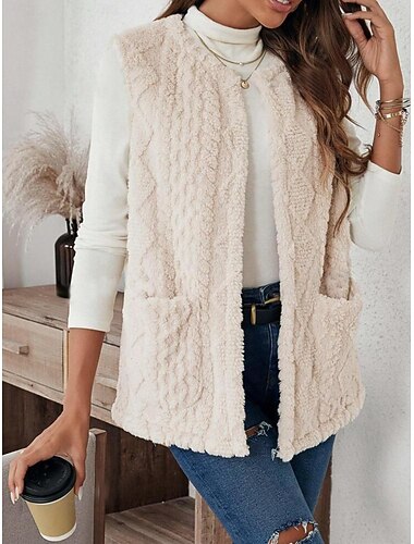  Dame Teddyfrakk سترة Bekvem Åpen Forside Aktiv søt stil Daglig Plysj Helfarge Skole Formell Hjem Avslappet Normal Krageløs Normal Ermeløs Yttertøy Aprikos Vår Høst