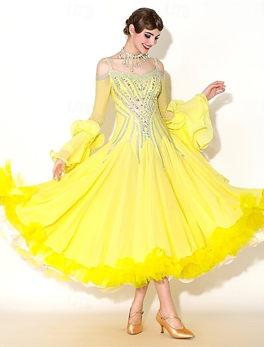  női elegáns sárga társastánc ruha strasszokkal díszített felsőrész váll nélküli keringő tangó modern rumba versenyfellépő ruha