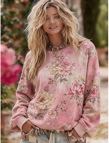  בגדי ריקוד נשים סווטשירט סוודר פרחוני יום יומי שרוול ארוך צווארון עגול קצר חולצות רגילות רחוב לבוש ליום קזו'אל ורוד מסמיק אביב סתיו חורף