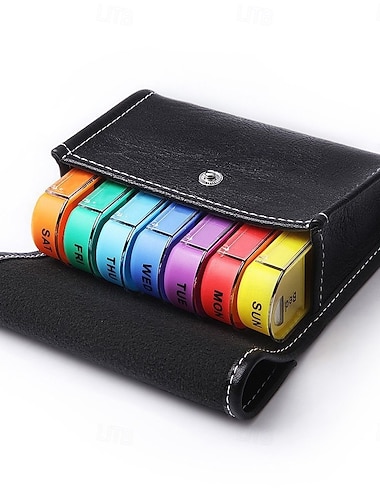  7-dagers ukentlig pilleorganisator med oppbevaringspose i kunstskinn - 28 rom fargekodet pilleboks, matsikker plast &bærbar design for reiser, daglig medisinhåndtering