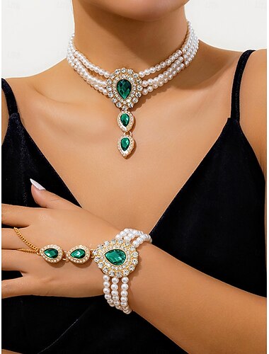  Женский комплект украшений из жемчуга и изумрудов — элегантное ожерелье-чокер и браслет со стразами для бальных танцев, выпускного бала или вечернего приема