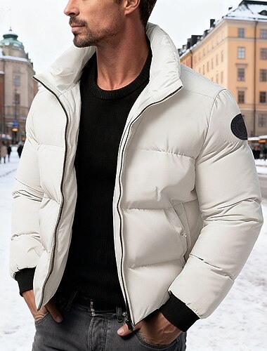  Herr Vinterkappa Pufferjacka Vadderad Ficka Polyester Utomhus Ledigt Dagligen Normal Mode Streetwear Ledigt Håller värmen Vinter Ensfärgat Svart Rubinrött Armégrön Grå Pufferjacka